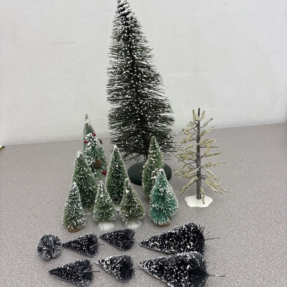 Christmas Village Bottle Brush Trees, Lot Of 15 Mixed Size/Style, 1 Icicle Tree